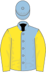 Light blue and yellow halved, yellow sleeves, light blue cap