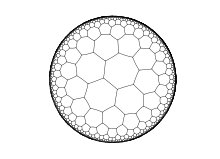 Dessin en noir et blanc d'un pavage du disque par une infinité d'heptagones diminuant rapidement de traille vers le bord.