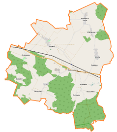 Mapa konturowa gminy Domaszowice, blisko centrum po lewej na dole znajduje się punkt z opisem „Siemysłów”