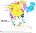 Mischform aus Kartenanamorphote und maßstabsgetreuer Karte: im Vordergrund eingefärbte Regionen zeigen den Anteil einzelner Regionen an der Gesamtzahl an Internet-Benutzern in Ost- und Südostasien (2008), im Hintergrund die maßstabsgetreue Karte zur Orientierung