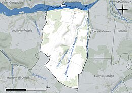 Carte en couleur présentant le réseau hydrographique de la commune