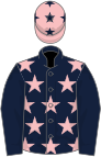 Dark blue, pink stars, dark blue sleeves, pink cap, dark blue stars