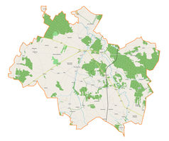 Mapa konturowa gminy Widawa, blisko centrum na prawo u góry znajduje się punkt z opisem „Rogóźno”