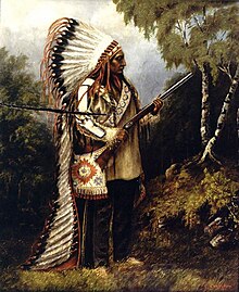 Painting in colour of Sitting Bull standing in a forest, holding a Winchester