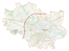 Mapa konturowa Wrocławia, u góry po lewej znajduje się punkt z opisem „Marszowice”