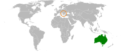 Map indicating locations of Australia and Kosovo