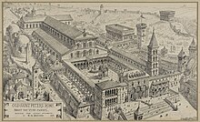 A black and white engraving of a bird's-eye view of a very large cruciform church. There is a large enclosed forecourt which is fronted by buildings of different dates and styles. There is a tall bell tower and many surrounding structures. A label to the bottom left of the image gives the artist's name and original caption.