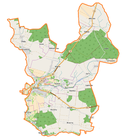 Mapa konturowa gminy Praszka, na dole znajduje się punkt z opisem „Strojec”