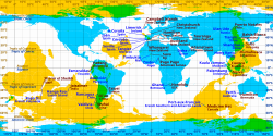 ☎∈ Cities and towns which are near antipodes in equirectangular projection. Blue labels correspond to the cyan areas and brown labels correspond to the yellow areas. Areas where blue and yellow overlap (coloured green) are land antipodes