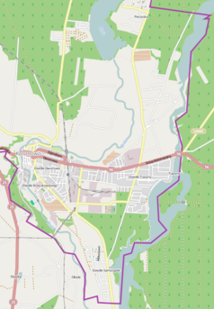 Mapa konturowa Koronowa, po lewej znajduje się punkt z opisem „Opactwo Cystersów w Koronowie”