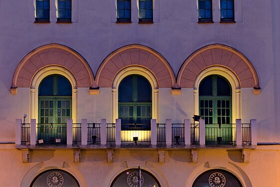 Pastel-colored illumination of balconies at Szczepanski Square, Krakow, Czech Republic