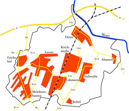 Ligging van de Ortsteile van de Gemeinde Weyhe