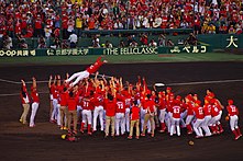 リーグ優勝後の胴上げ（2017年9月18日阪神甲子園球場にて）