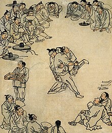 The painting titled "Sangbak" (상박 相撲) drawn by Kim, Hongdo illustrates people gathering around to watch a ssireum competition in the late 18th century.