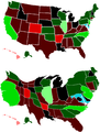 Status des National Popular Vote Interstate Compact zur Änderung der Wahl des US-Präsidenten in Richtung einer nationsweiten Verhältniswahl im Juni 2008, oben eine maßstabsgetreue, unten eine isodemografische Karte entsprechend dem Wähleranteil der einzelnen US-Bundesstaaten an den Gesamtstimmen zur Wahl 2008; für die Bedeutung der Färbungen siehe die Bildbeschreibung