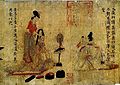 Painted scroll with hairdressing scene, China, 6th-8th century.