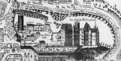 Ausschnitt aus dem Stadtplan von 1753 (Johann Kamprad), der den Bergfried der nicht mehr vorhandenen zweiten Vorburg, im mit Häusern bebauten „Burglehn“, zeigt.