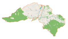 Mapa konturowa gminy Radziechowy-Wieprz, w centrum znajduje się punkt z opisem „Przybędza”