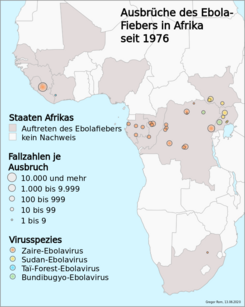 Dokumentierte Ausbrüche von Ebolafieber in Afrika (1976–2020)