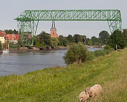 Osten Transporter Bridge over the Oste with St. Peter's Church