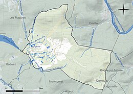 Carte en couleur présentant le réseau hydrographique de la commune