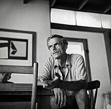 Artist Balcomb Greene at his Montauk, Long Island home, September 1957, on conversation with Philip Pearlstein and others (not shown) by Stuart Talcroft. Digital image by Colin Talcroft © 2024