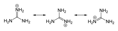 Resonantiestructuren van het guanidinium-ion.