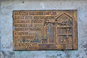 Plaque commémorant l'installation de la première machine à vapeur Newcomen du continent en 1721.