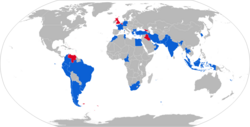 Em azul países que utilizam o Exocet Em vermelho são ex-utilizadores