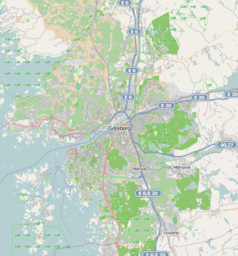 Mapa konturowa Göteborga, w centrum znajduje się punkt z opisem „Göteborgs konstmuseum”