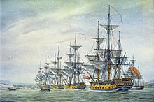 Peinture montrant une file de bateau dont le HMS Preston assistant a l'attaque de Rhode Island, le 8 décembre 1776, par Irwin John Bevan