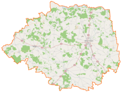 Mapa konturowa powiatu bielskiego, po prawej znajduje się punkt z opisem „Parafia pw. Miłosierdzia Bożego w Bielsku Podlaskim”