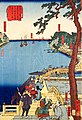 江戸時代（1860年頃）の横浜道。中央にある橋が平沼橋、左側の水面が袖ケ浦（のちの平沼）。（五雲亭貞秀（歌川貞秀）の横浜絵より)