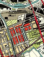 Fragment van het Plan van uitbreiding van de gemeente Groningen uit 1932 van Berlage-Schut met het plan voor de Rivierenbuurt. In rood de geplande woningen voor arbeiders in gebroken wit de woningen voor middenstanders. In het midden van de wijk was een grote vijver gepland. Plantsoenen waren gepland rond de Zuiderbegraafplaats en ten noorden van de Parkweg. De eerste contouren van de latere zuidelijke ringweg staan hier ook al op aangegeven. Een deel van dit plan werd gewijzigd in het Structuurplan van 1950.