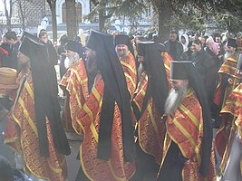 Priests in the pascal procession on Bright Tuesday (Easter Tuesday) at the Trinity Lavra of St. Sergius in Sergiev Posad, Russia