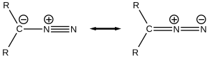 Diazo compounds have two main Lewis structures in resonance: R2>C-–N+≡N and R2>CH=N+=N-