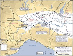 A map of northern Italy, showing the advance of French Troops across the Po River.