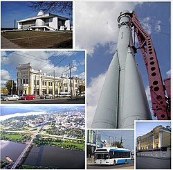 Space museum, Rocket Vostok, House store of Rakov, Kaluga from a birds-eye view, Trolleybus, corner of Moskovskaya and Dostoyevskogo st.