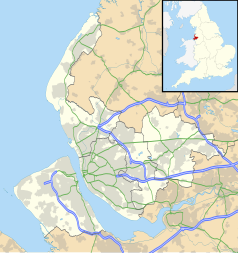 Mapa konturowa Merseyside, na dole nieco na lewo znajduje się punkt z opisem „Bebington”