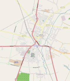 Mapa konturowa Bielska Podlaskiego, na dole nieco na lewo znajduje się punkt z opisem „Parafia pw. Miłosierdzia Bożego w Bielsku Podlaskim”