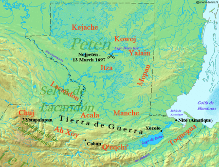 Northern Guatemala is a flat lowland plain dropping off from the Cuchumatanes mountain range sweeping across in an arc to the south. To the east of the mountains is the large lowland Lake Izabal, with an outlet into the Amatique Bay to the east, which itself opens onto the Gulf of Honduras. Immediately north of the mountains is the Lacandon forest, with Petén to the northeast. Ystapalapán was a settlement in the western Cuchumatanes, in the territory of the Chuj. Cobán was in Qʼeqchiʼ territory, in the foothills halfway between Ystapalapán in the west and Lake Izabal in the east. Xocolo was at the northeastern extreme of Lake Izabal, where it flows out towards the sea. Nito, also known as Amatique, was on the coast where the river flowing out of the lake opened into the Amatique Bay. The area south of the lake was Toquegua territory. The Manche occupied the lands to the northwest of the lake, with the Acala to their west between the Manche and the Chuj. The Lacandon were northwest of the Acala, straddling the border with Mexico. Lake Petén Itzá was in the centre of Petén, to the north. It was the location of Nojpetén, with the Itza lands stretching southwards from the lake. To the east of the Itza and northeast of the Manche were the Mopan, on the border with Belize. North of the Mopan were the Yalain, east of Lake Petén Itzá. The Kowoj were to the northeast of the lake and the Kejache to the northwest. The "Tierra de Guerra" ("Land of War") covers a broad northern swathe of the mountains and the southern portion of the lowlands.