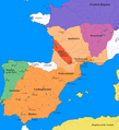 Image 17The greatest extent of the Visigothic Kingdom of Toulouse, c. 500, showing Territory lost after Vouillé in light orange (from History of Spain)