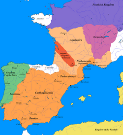 Extent of the Visigothic Kingdom, c. 500 (total extent shown in orange, territory lost after Battle of Vouillé shown in light orange: Kingdom of the Suebi was annexed in 585).