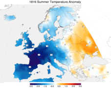 Anomálie (rozdíl) teplot v Evropě roku 1816. V jistých oblastech je však teplota nadnormální. Podle dat z Klementina[10] je například průměrná červencová teplota roku 1816 cca jen 1 °C pod normálem, ale takováto průměrná teplota meziročně fluktuuje o více než 1 °C.