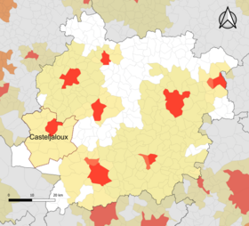 Localisation de l'aire d'attraction de Casteljaloux dans le département de Lot-et-Garonne.
