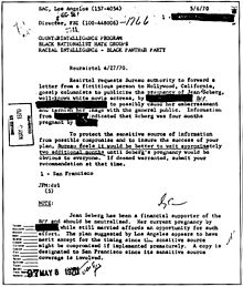 Document interne du FBI à propos des liens entre Jean Seberg et les black Panthers