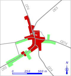 Carte en couleur représentant les étapes de développent du bâti d'un bourg.