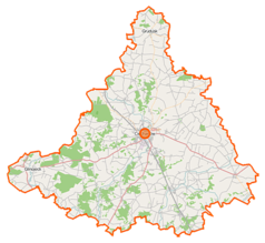 Mapa konturowa powiatu ciechanowskiego, w centrum znajduje się punkt z opisem „Parafia pw. św. Piotra Apostoła w Ciechanowie”