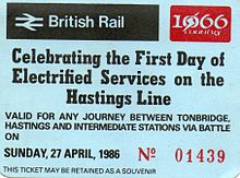 Photograph showing the front of the souvenir ticket from the first day of electric train operation, 27 April 1986.