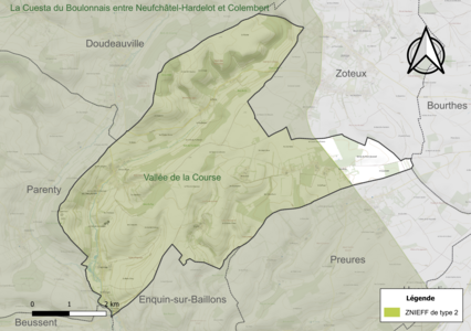 Carte de la ZNIEFF de type 2 sur la commune.